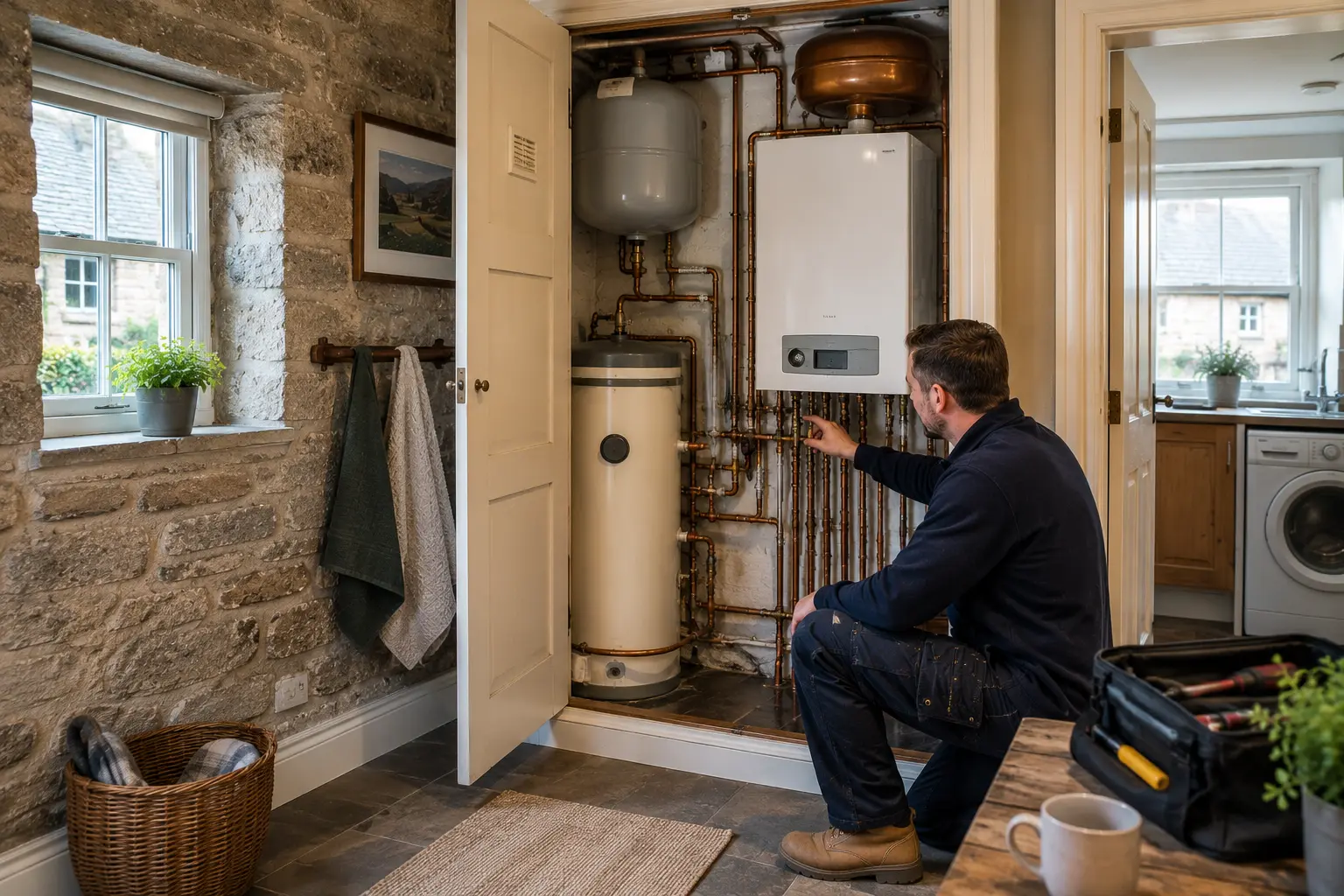 Gas engineer checking a boiler and hot water cylinder in a cupboard