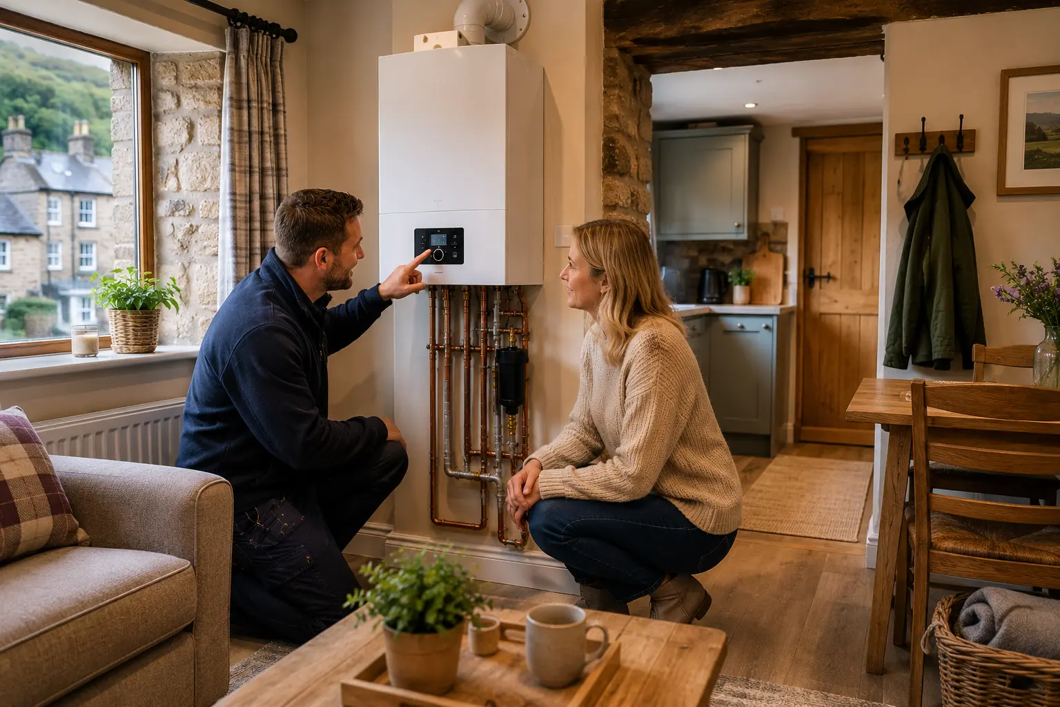 Gas engineer showing boiler controls to a customer at home