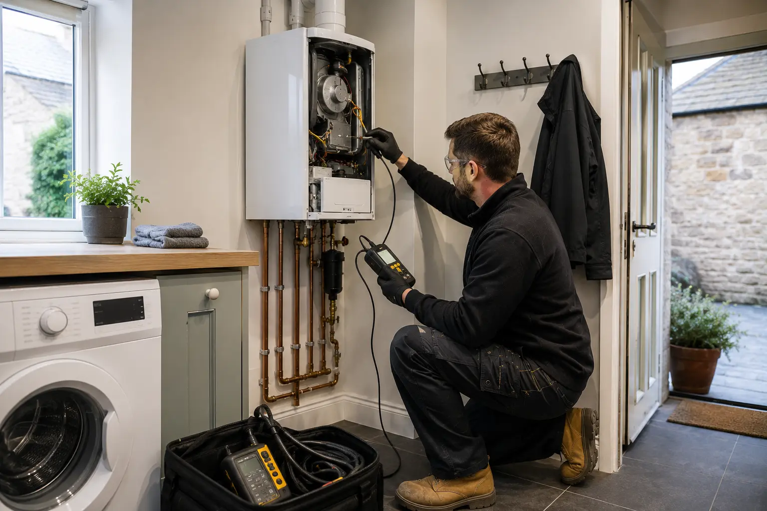 Gas engineer servicing an open boiler above a washing machine