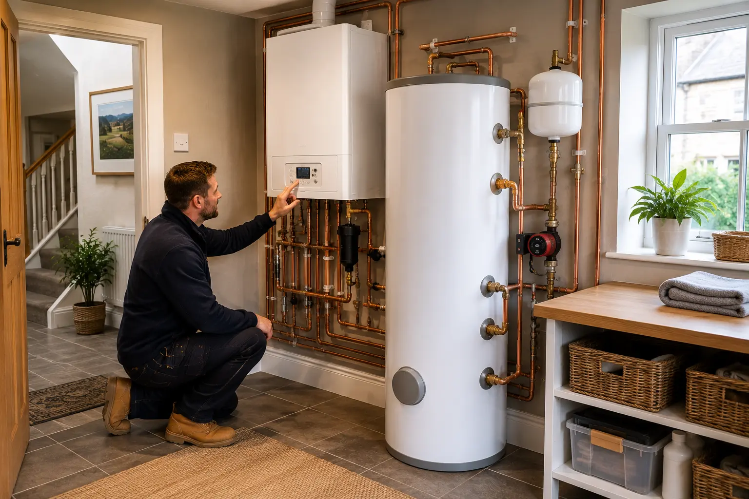 Gas engineer working on a boiler beside a hot water cylinder