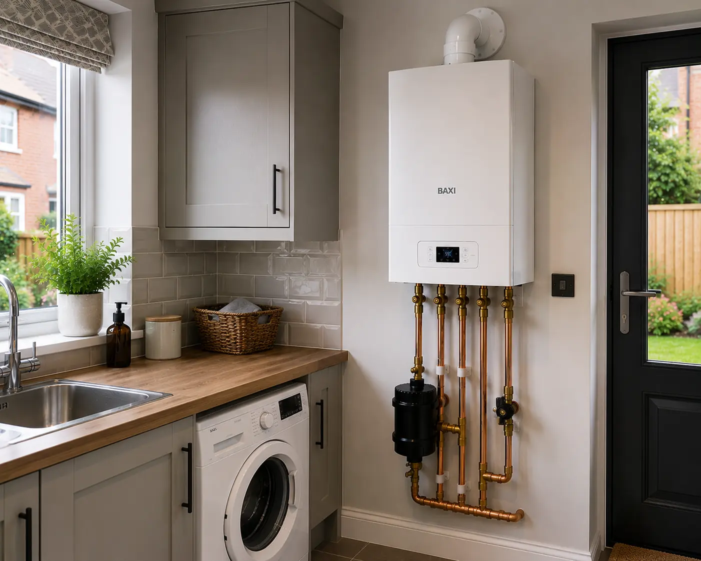 Wall-mounted boiler with copper pipework above a washing machine