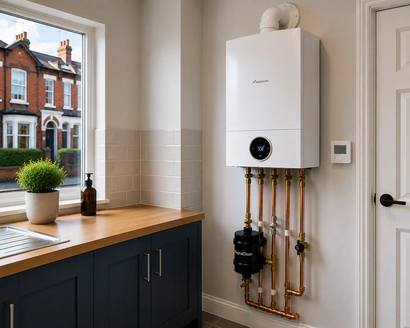 Newly fitted wall-mounted combi boiler with copper pipework and a system filter in a kitchen