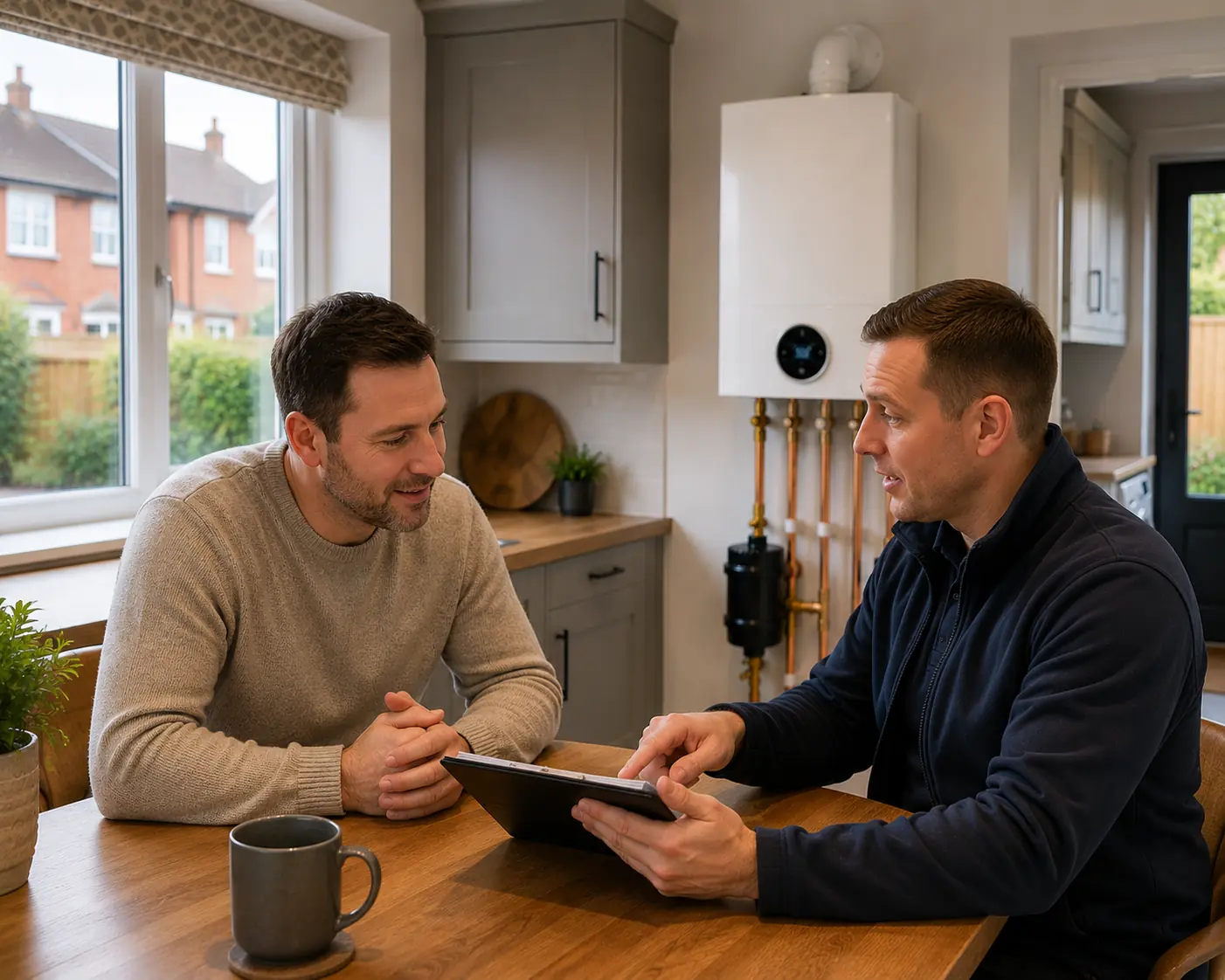 Gas engineer going through boiler options with a customer at a table