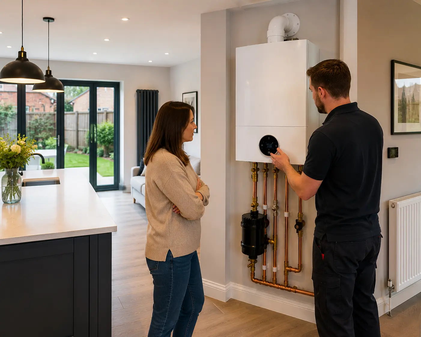 Gas engineer adjusting a boiler in an open-plan kitchen