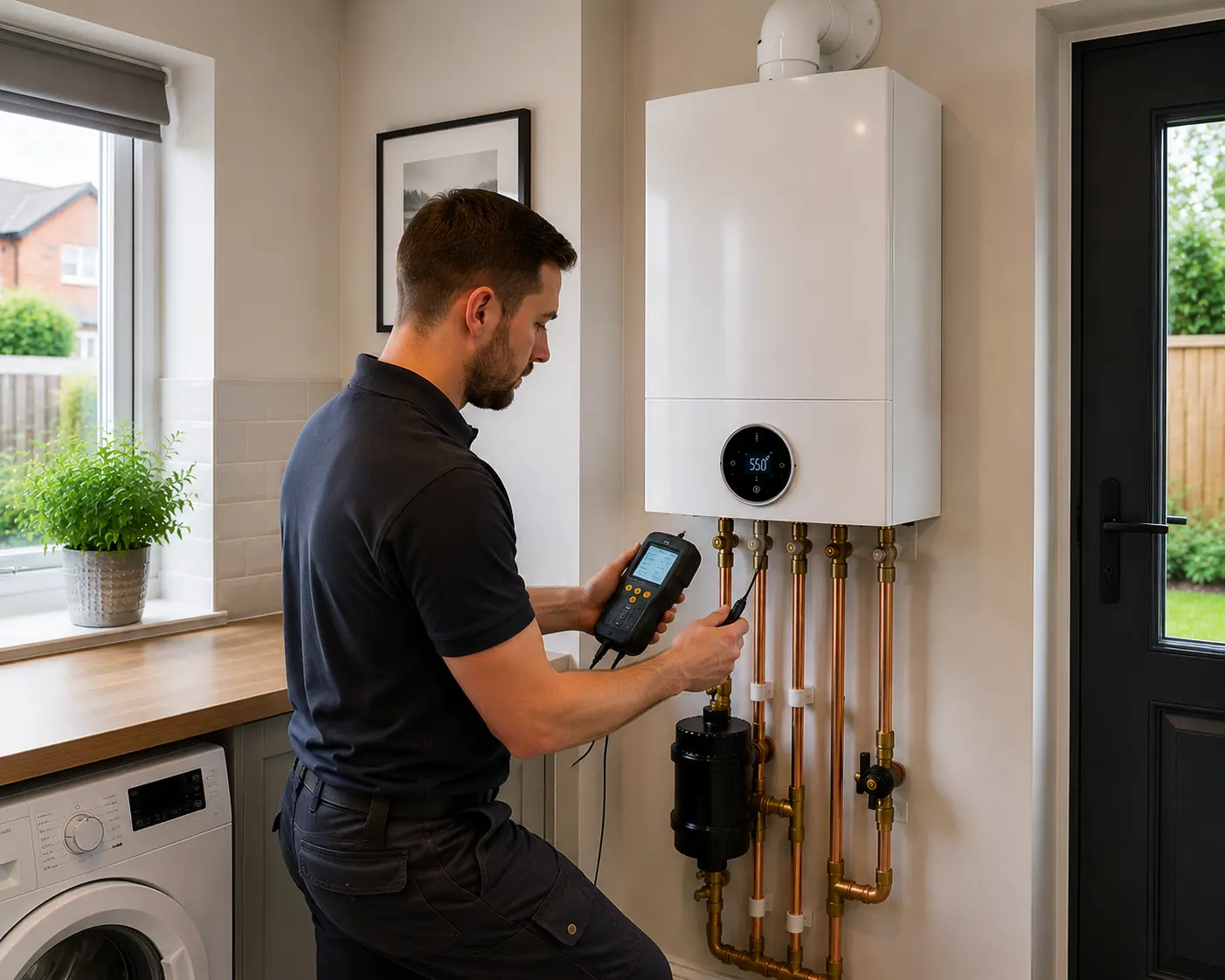 Gas engineer testing a boiler with a handheld analyser