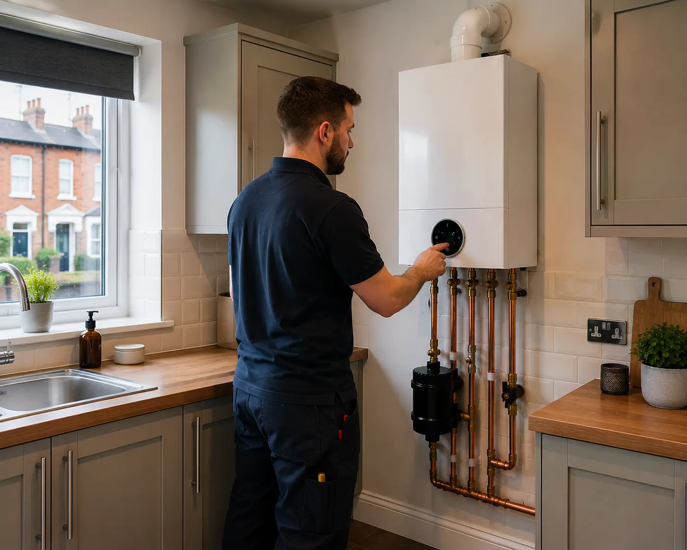 Gas engineer adjusting the controls on a kitchen boiler