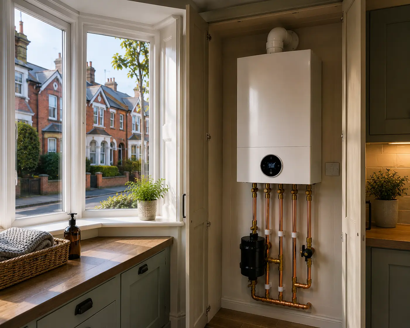 Wall-mounted combi boiler with exposed copper pipework in a kitchen