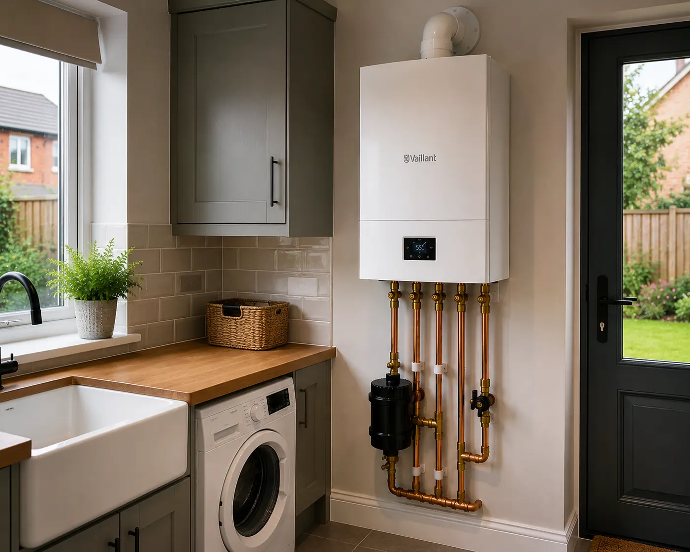 Wall-mounted boiler above a washing machine in a fitted kitchen