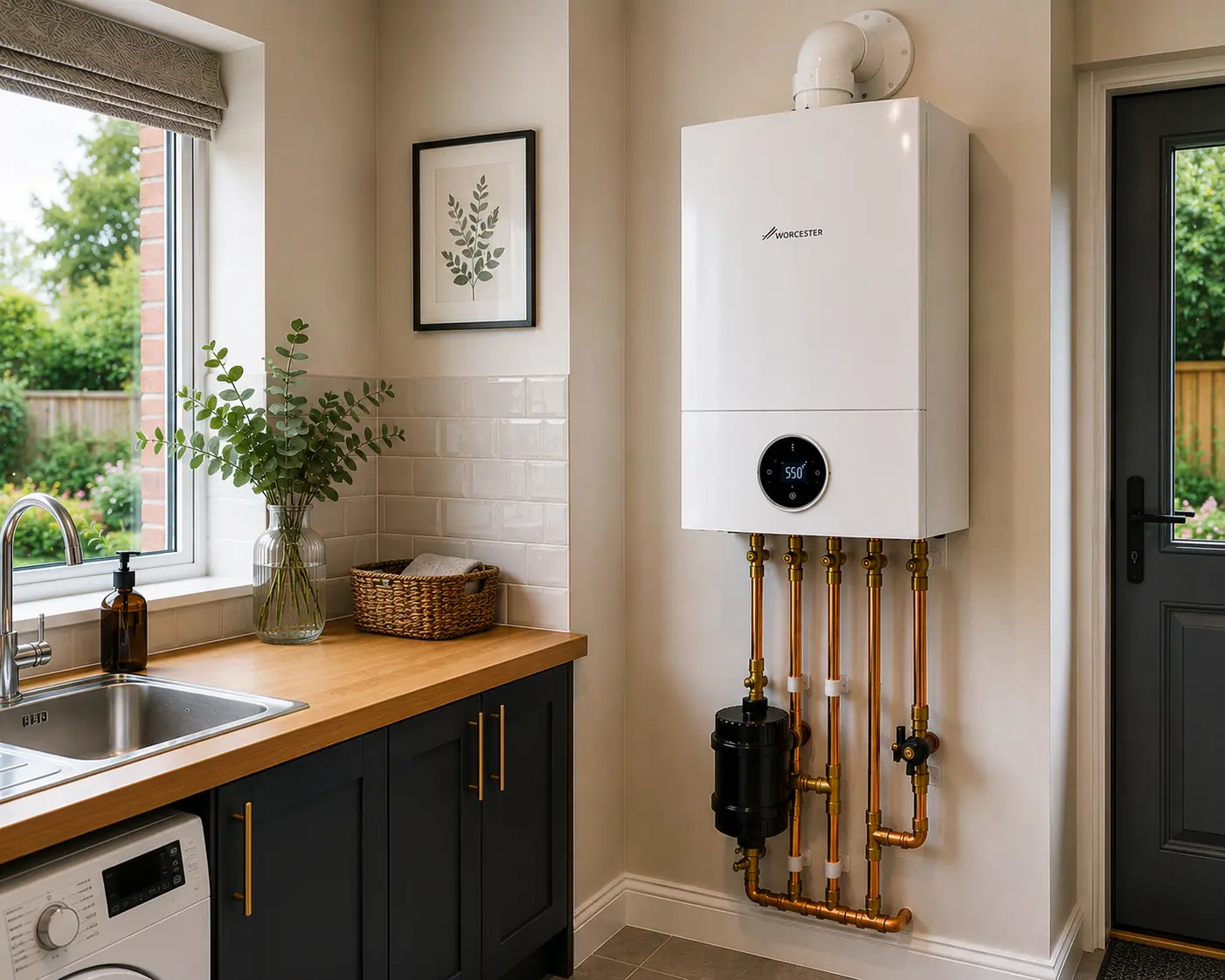 Wall-mounted boiler with copper pipework beside a kitchen window