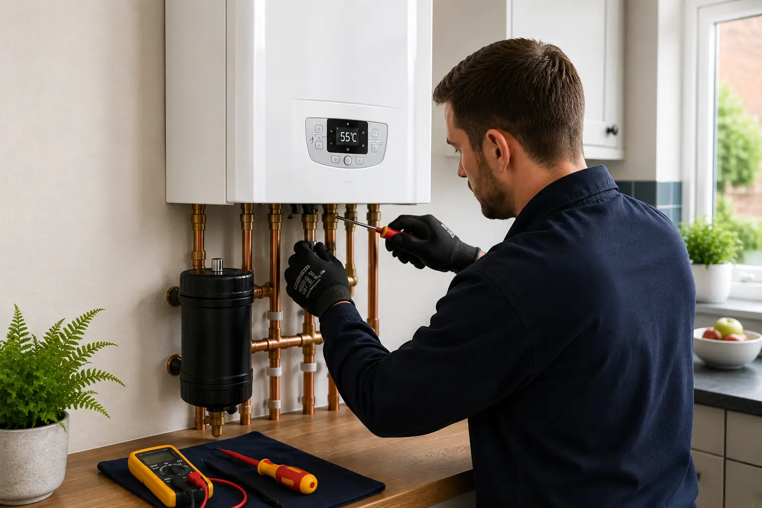 Gas engineer working on boiler pipework wearing protective gloves