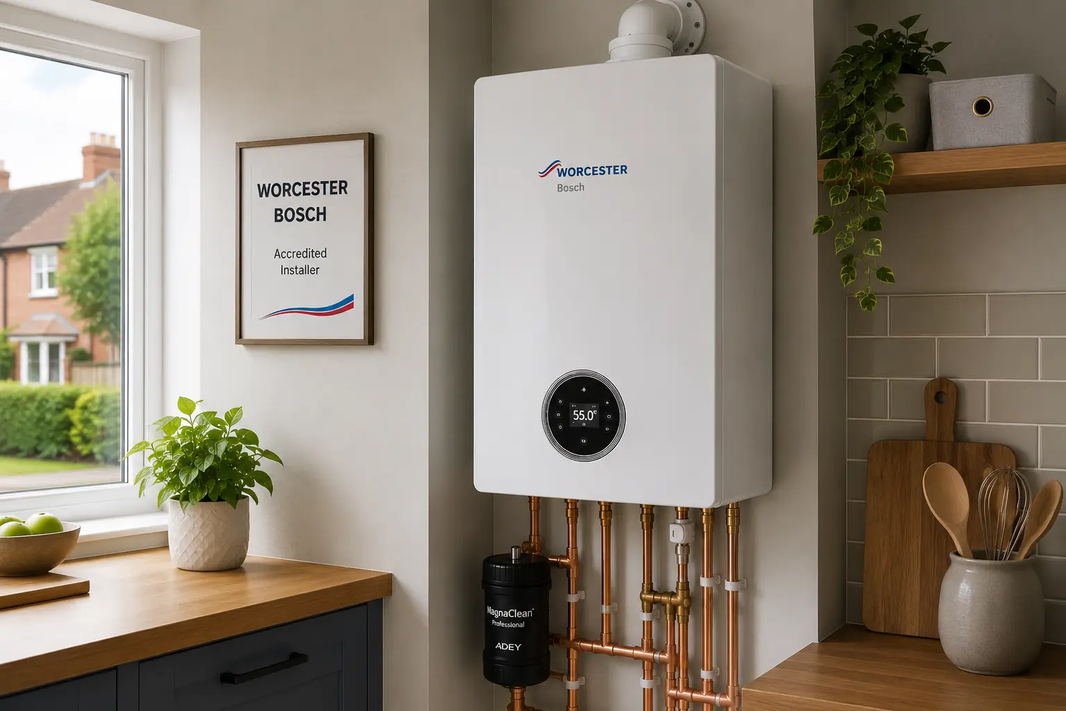 Wall-mounted boiler fitted in a kitchen with copper pipework