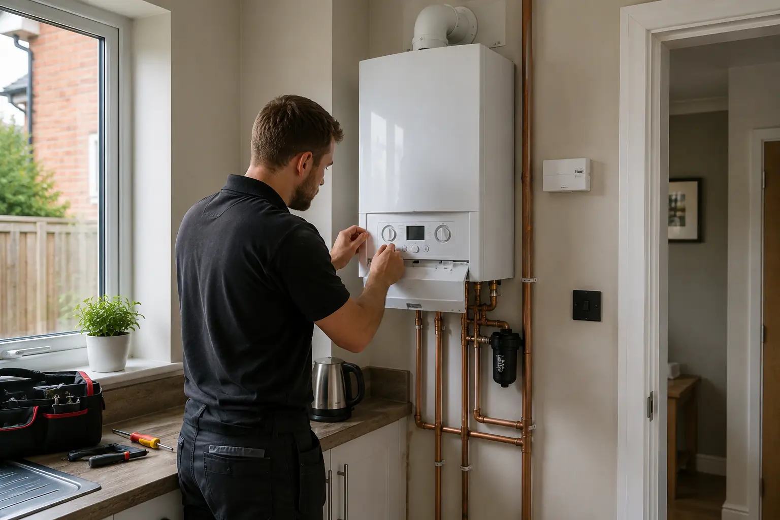 Gas engineer adjusting a wall-mounted boiler in a kitchen