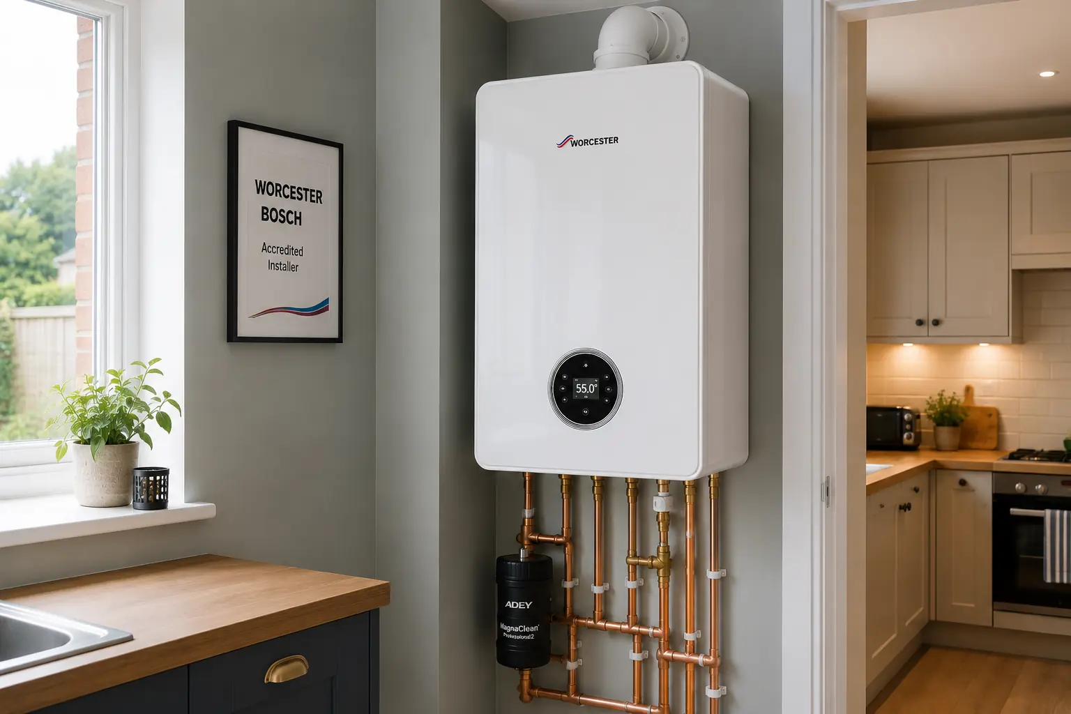 Wall-mounted boiler with copper pipework in a bright kitchen