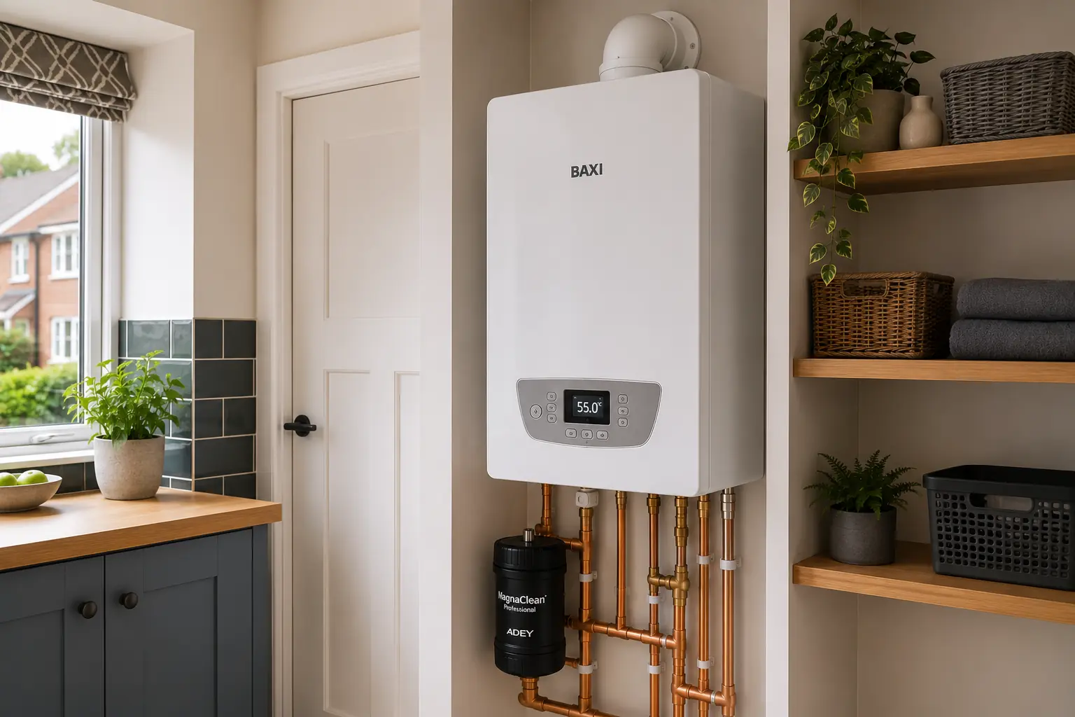 Wall-mounted boiler fitted beside kitchen shelving