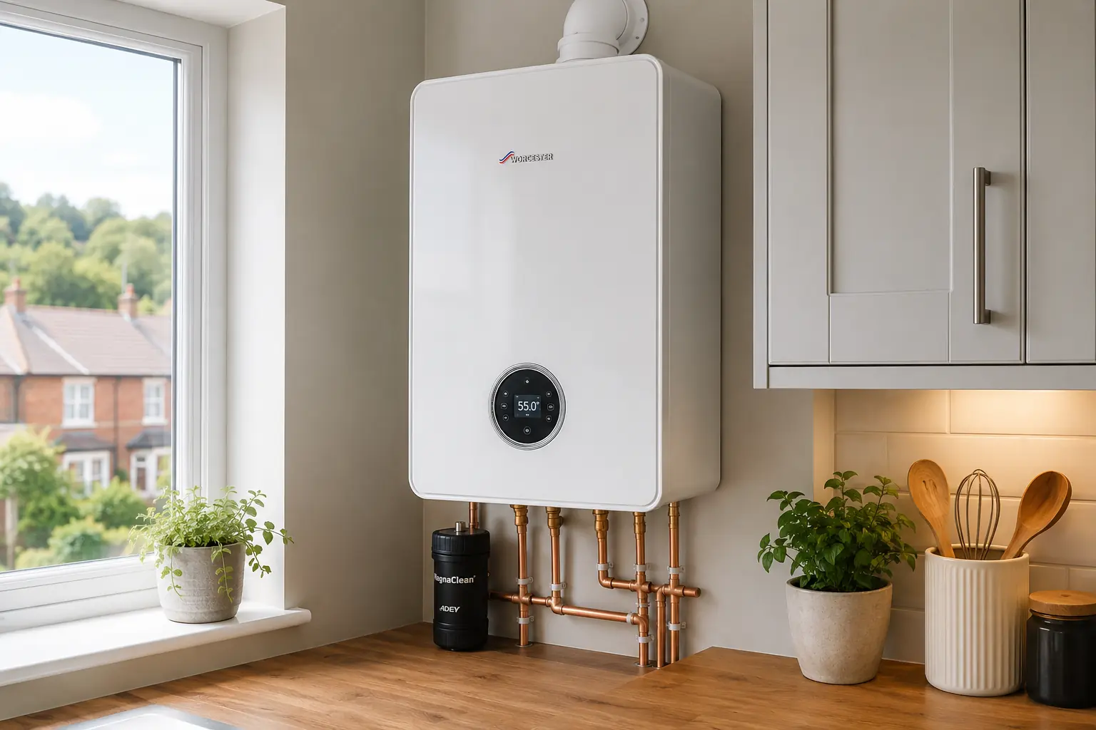 Wall-mounted boiler beside kitchen units and a window