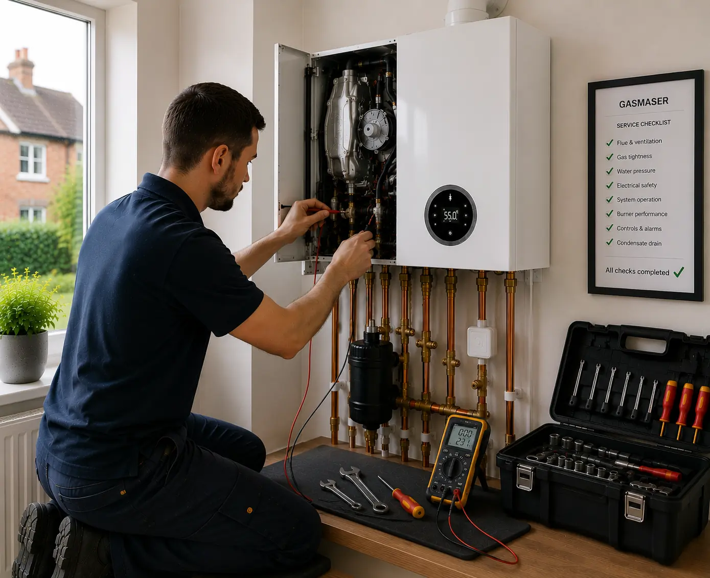 Gas engineer working on an open boiler with tools laid out