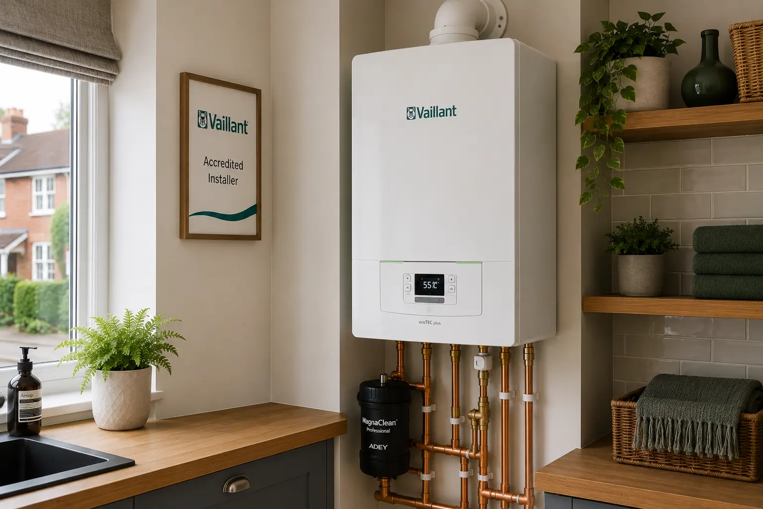 Wall-mounted boiler fitted above a kitchen worktop