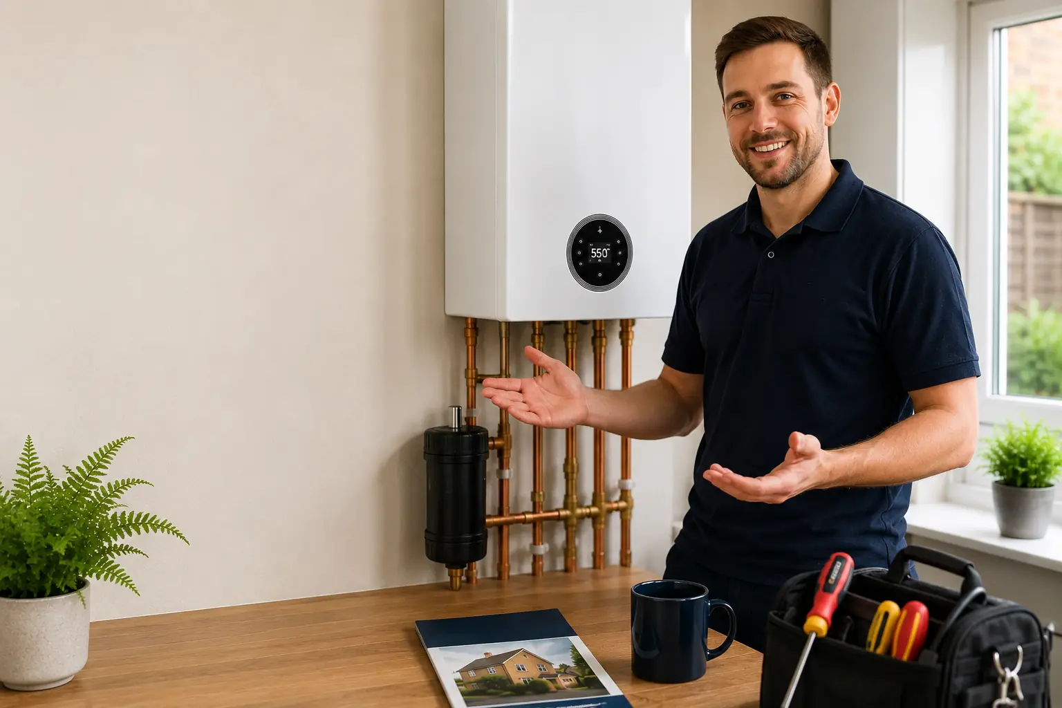 Gas engineer standing beside a newly fitted kitchen boiler