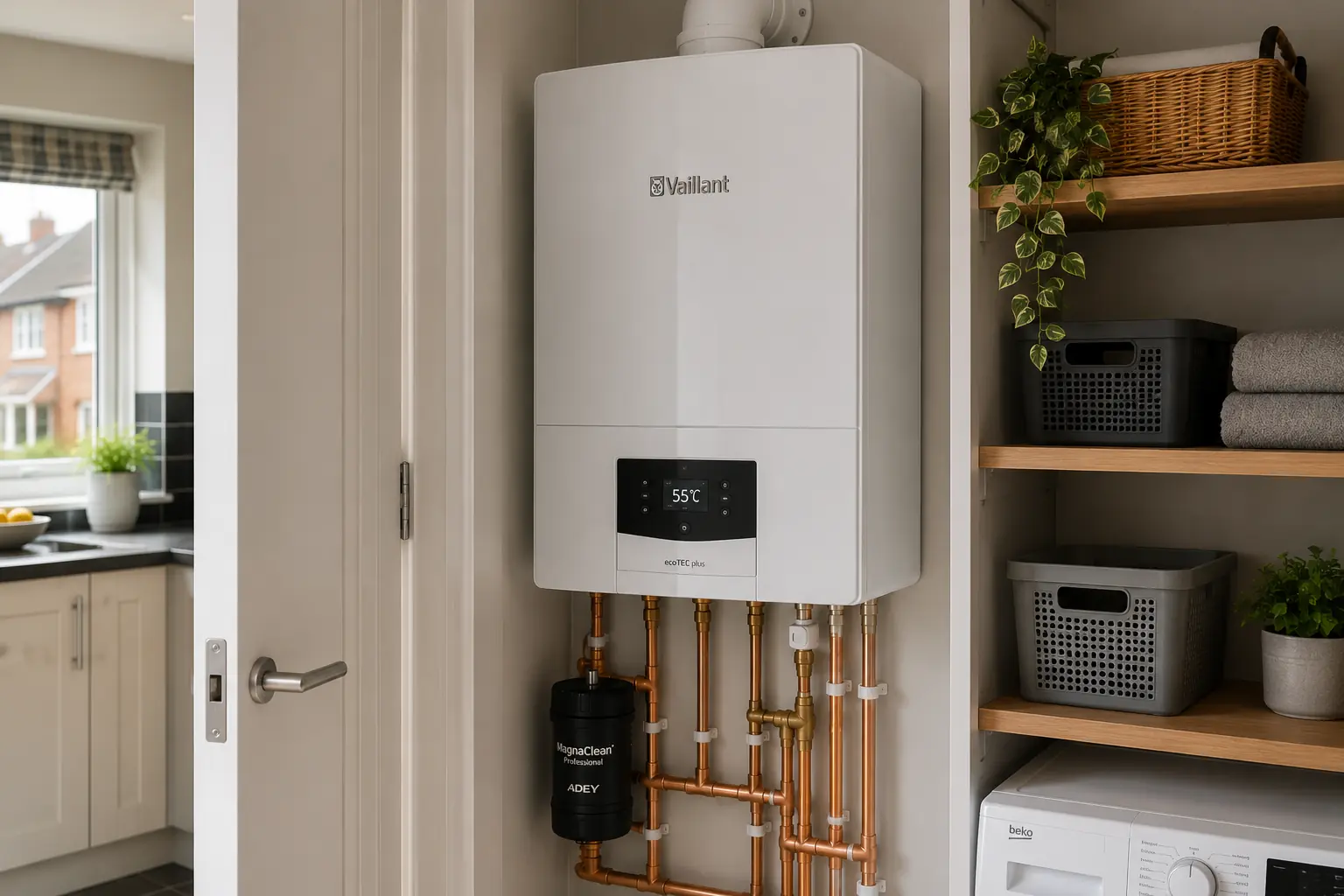 Wall-mounted boiler with copper pipework beside kitchen shelving