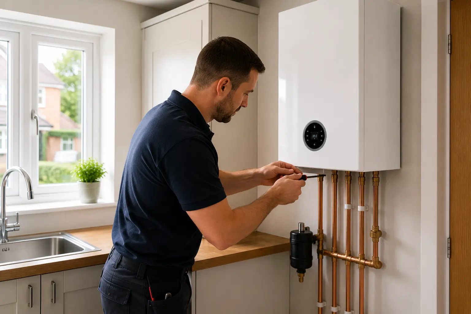 Gas engineer working on a boiler above a kitchen sink