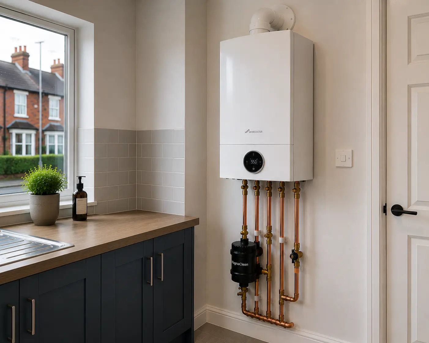 Wall-mounted boiler above a dark kitchen worktop