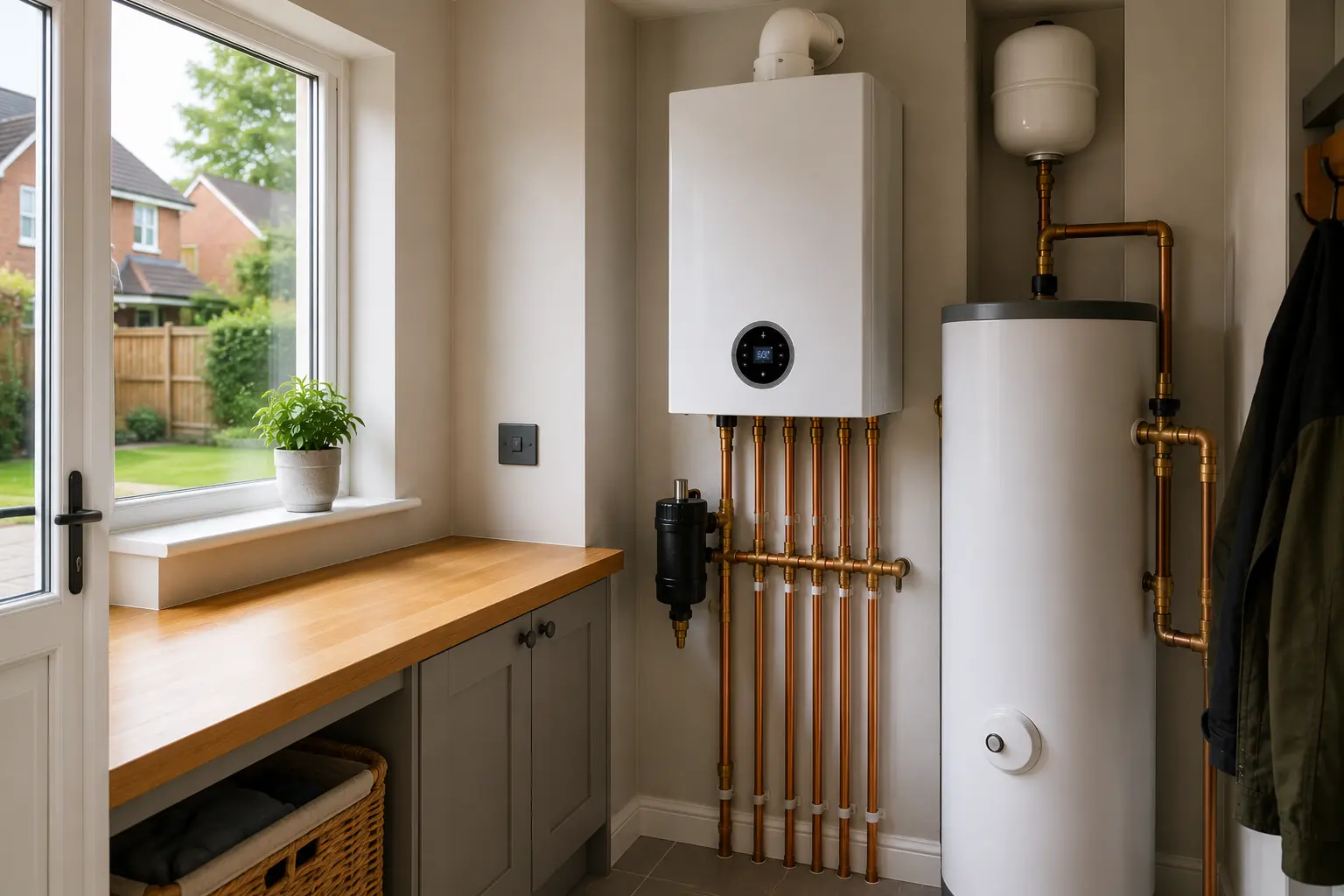 Boiler and hot water cylinder fitted in a utility room