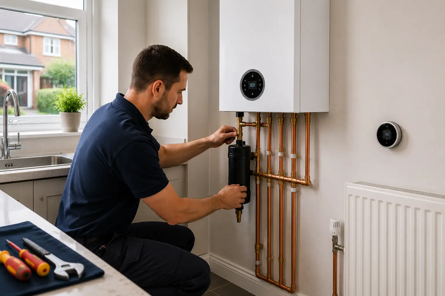 Gas engineer working on boiler pipework above a radiator