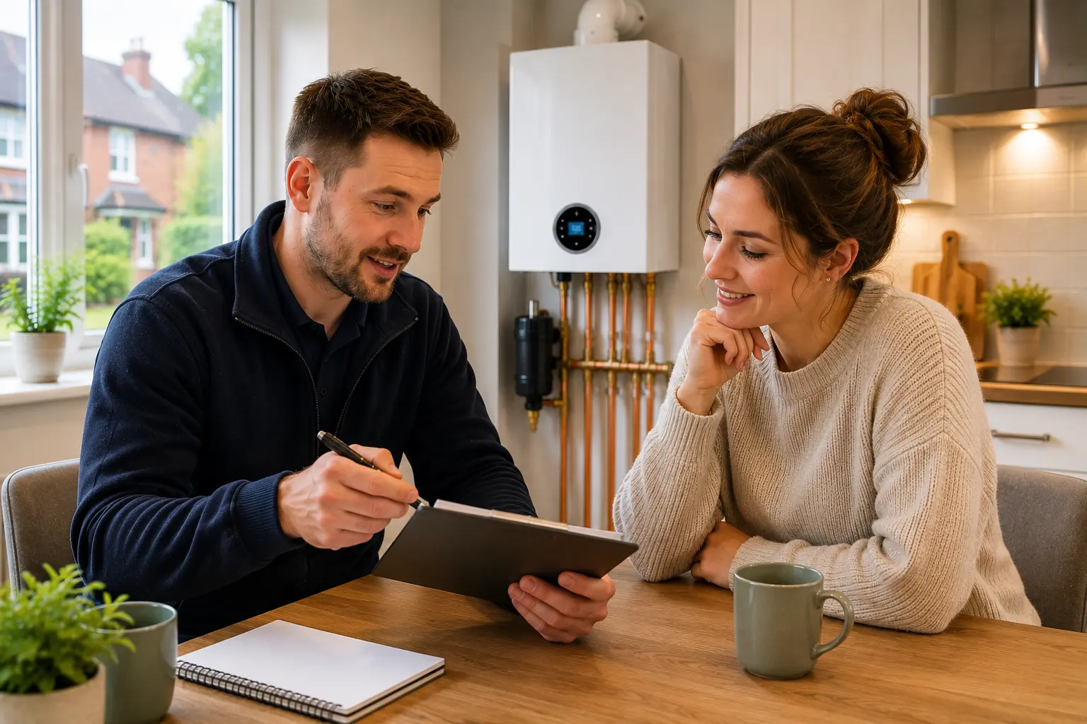 Gas engineer going through boiler paperwork with a customer