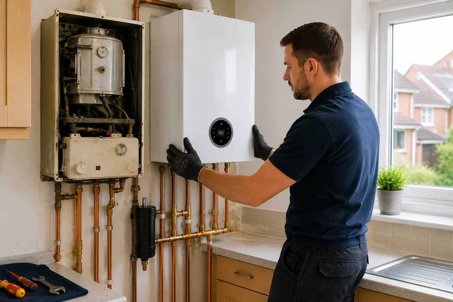 Gas engineer working on an open boiler beside a kitchen window