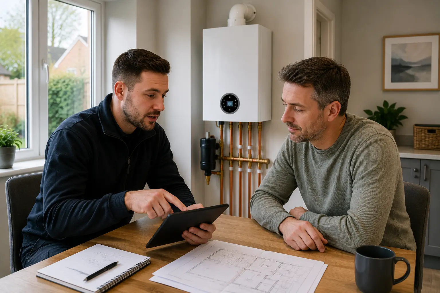Gas engineer discussing installation drawings with a customer