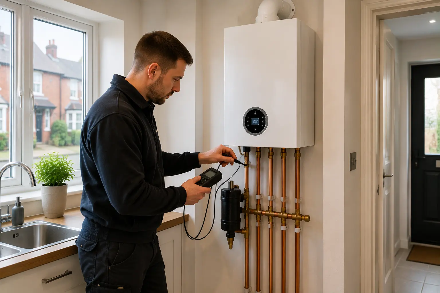 Gas engineer testing a boiler with a handheld device