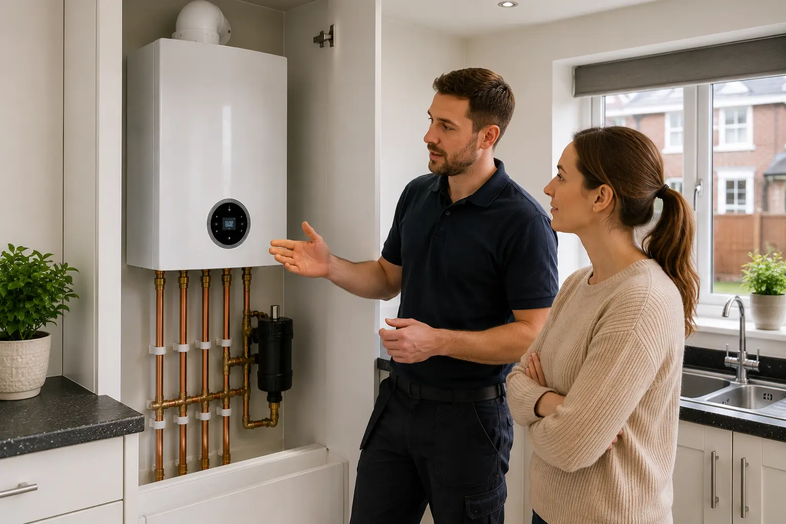 Gas engineer explaining a newly fitted boiler to a customer