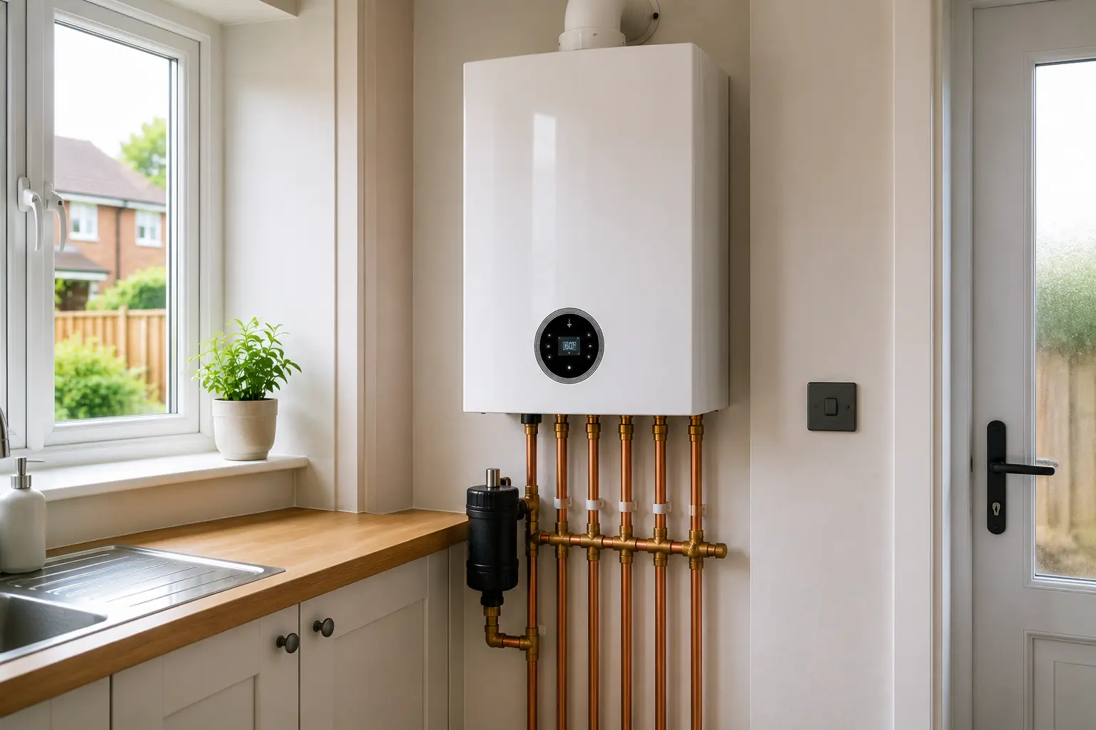Wall-mounted boiler with copper pipework beside a back door