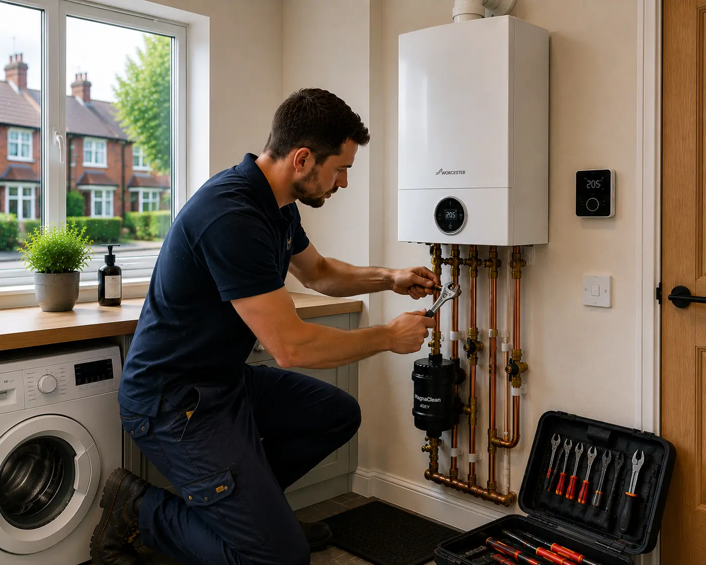 Gas engineer fitting boiler pipework above a washing machine