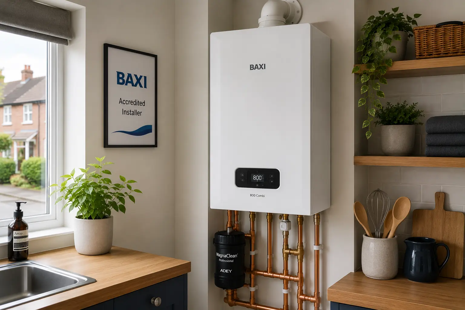Wall-mounted boiler fitted in a kitchen with copper pipework