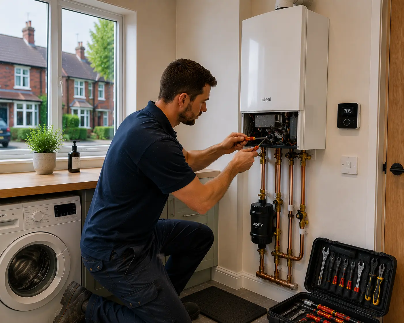 Gas engineer working on an open boiler beside a tool case