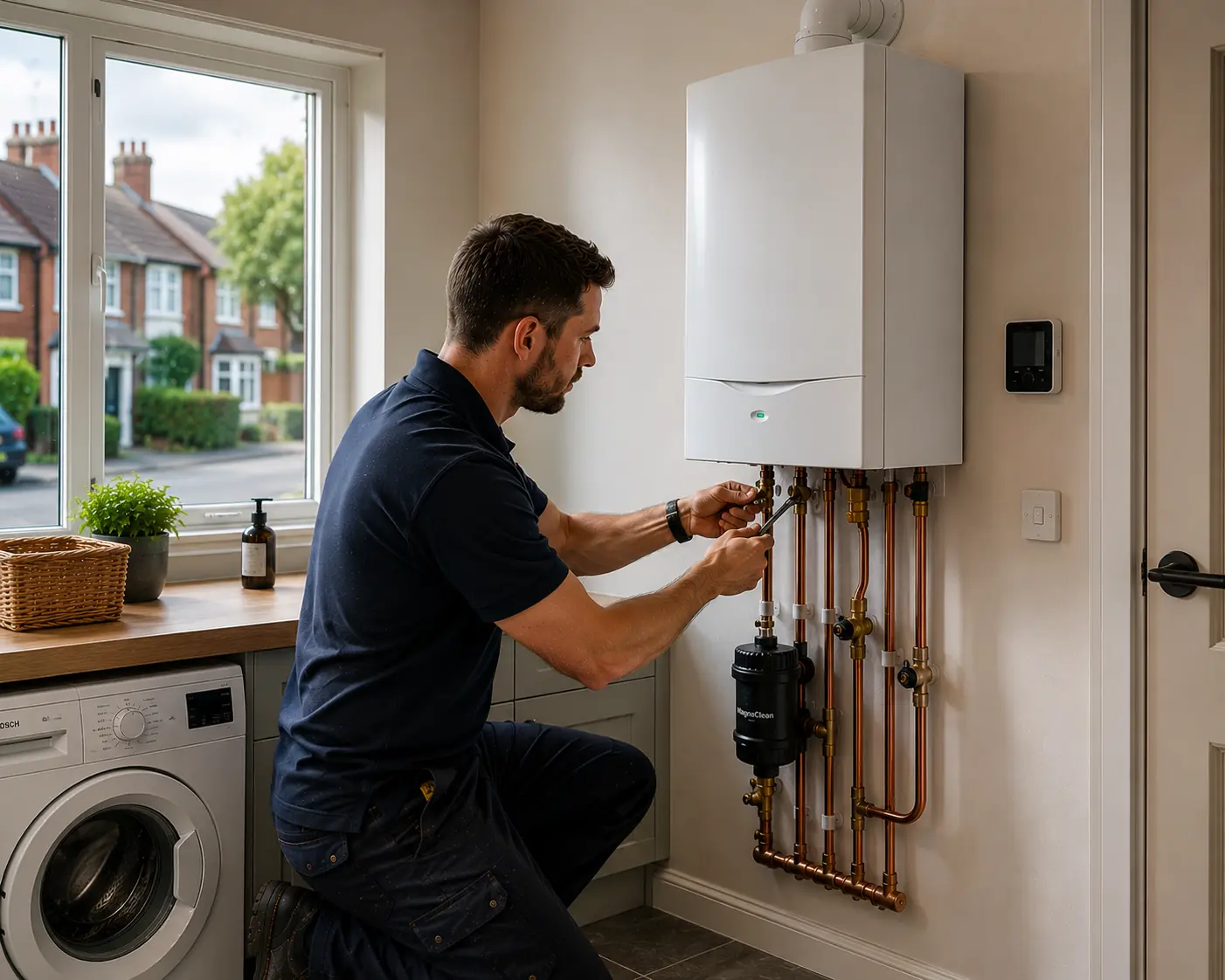 Gas engineer working on boiler pipework in a utility area
