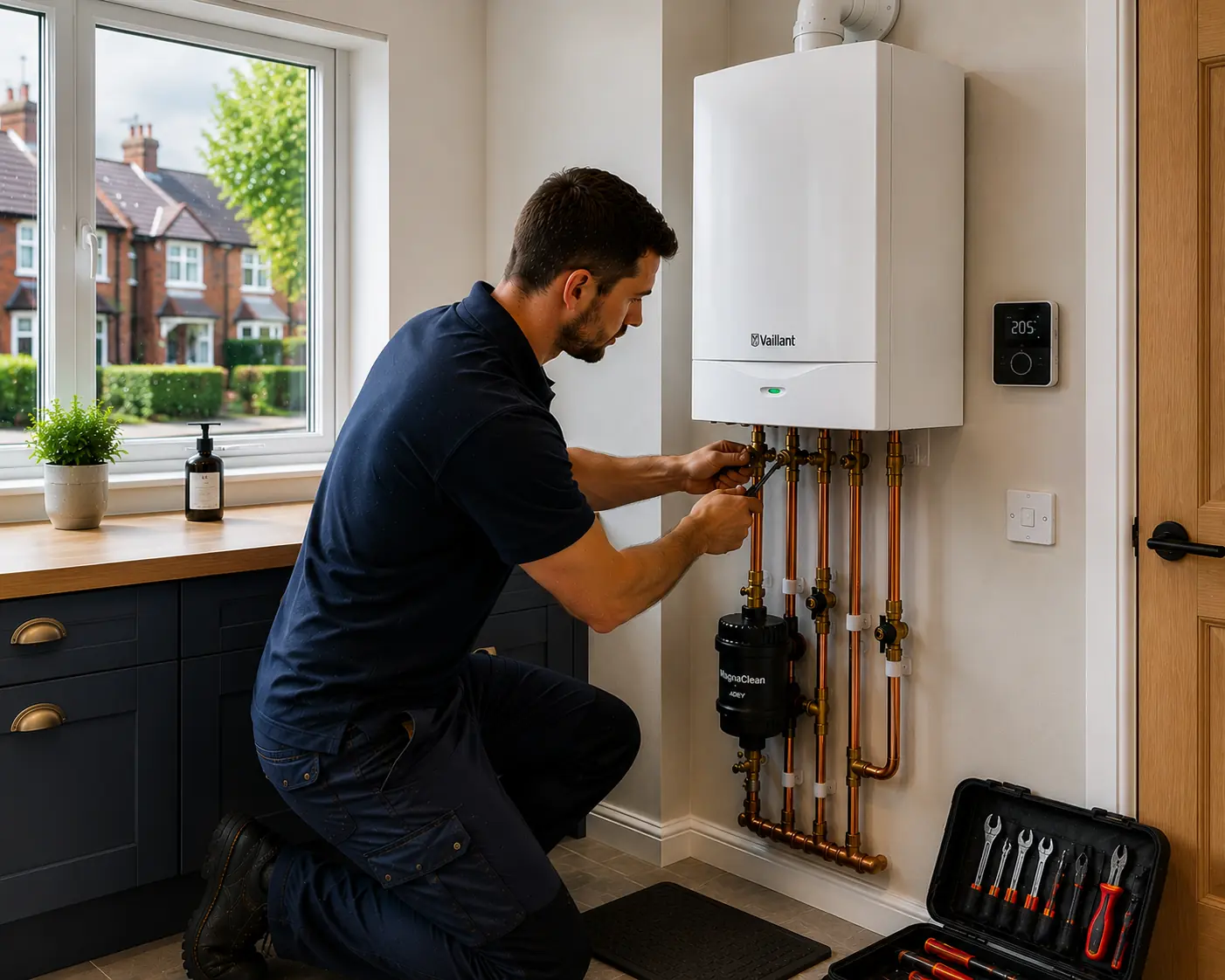 Gas engineer fitting boiler pipework with tools laid out