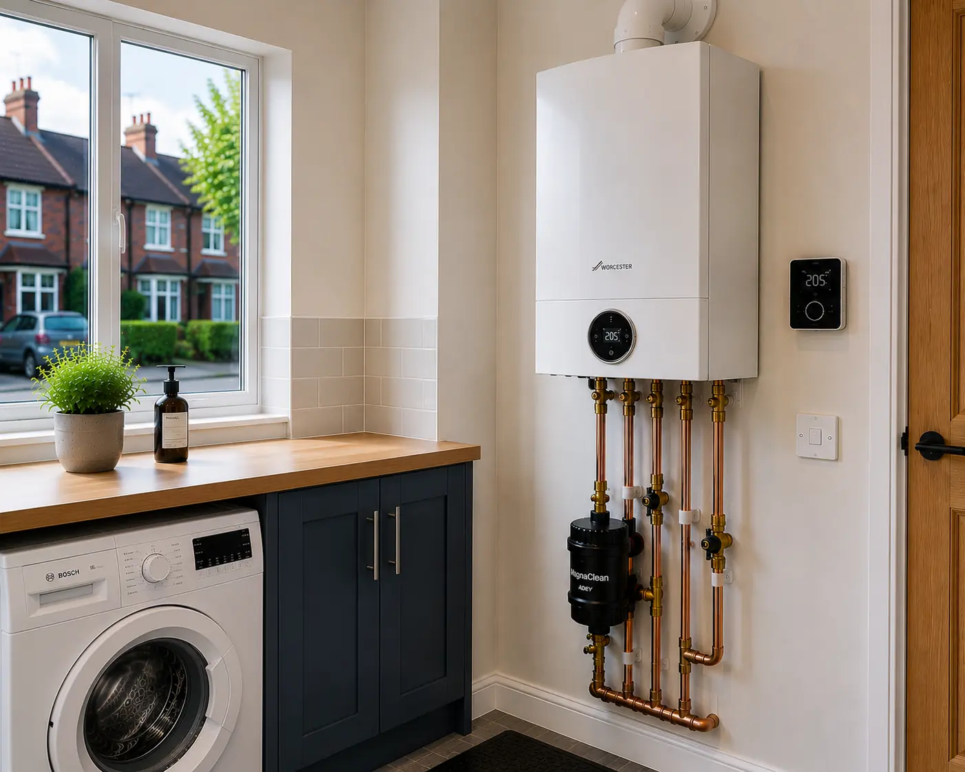 Wall-mounted boiler above a washing machine in a utility area