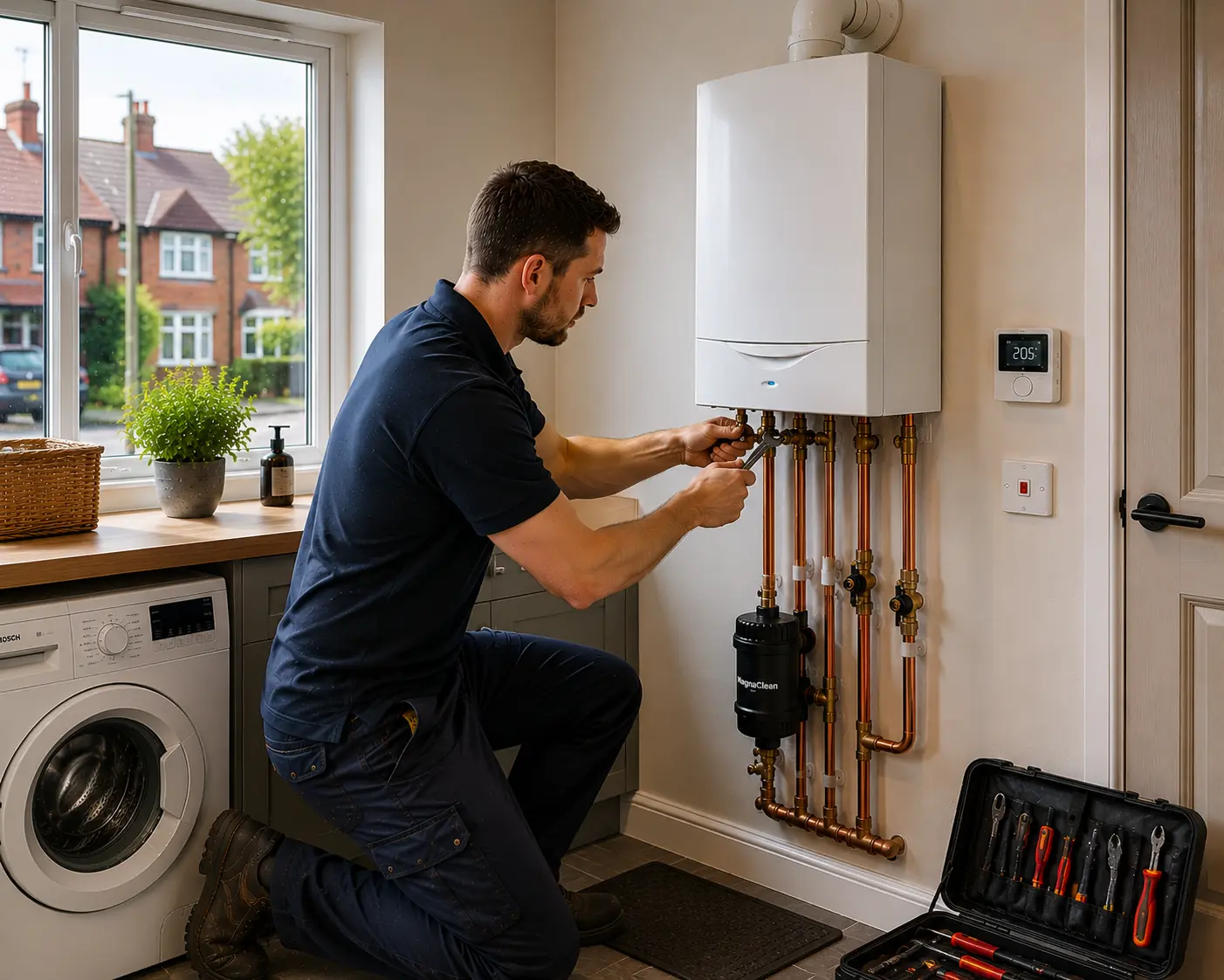 Gas engineer working on copper boiler pipework in a kitchen