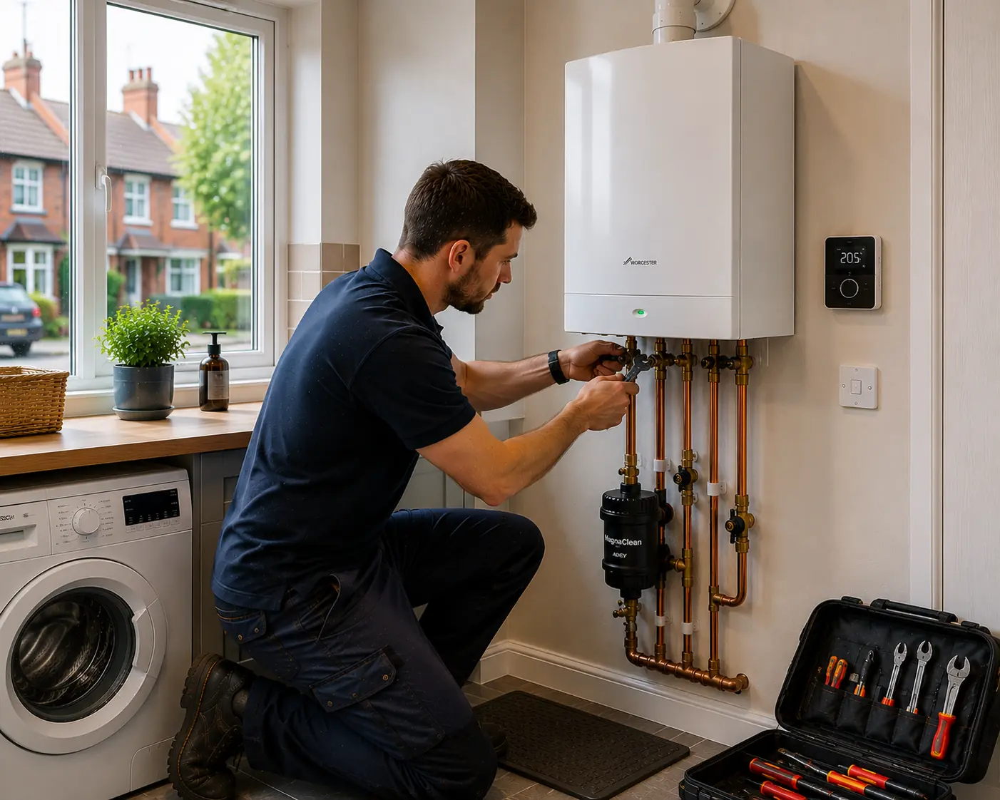 Gas engineer working on a boiler beside a washing machine