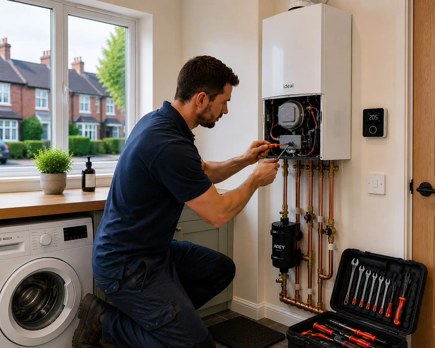 Gas engineer servicing an open boiler in a kitchen