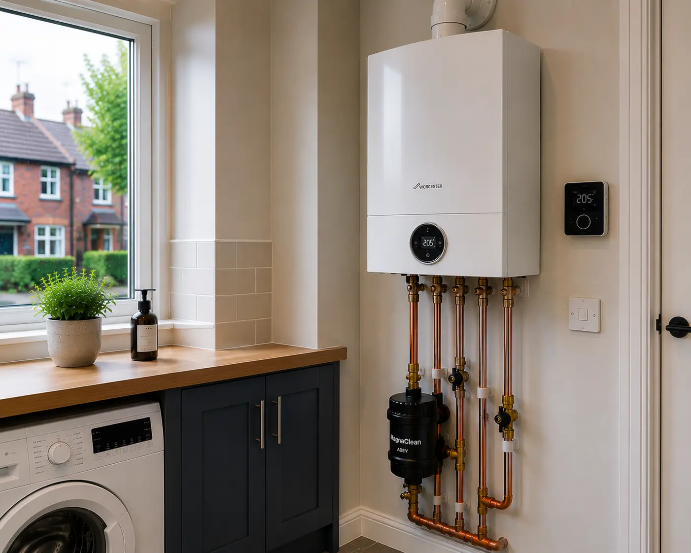 Wall-mounted boiler above a washing machine and worktop