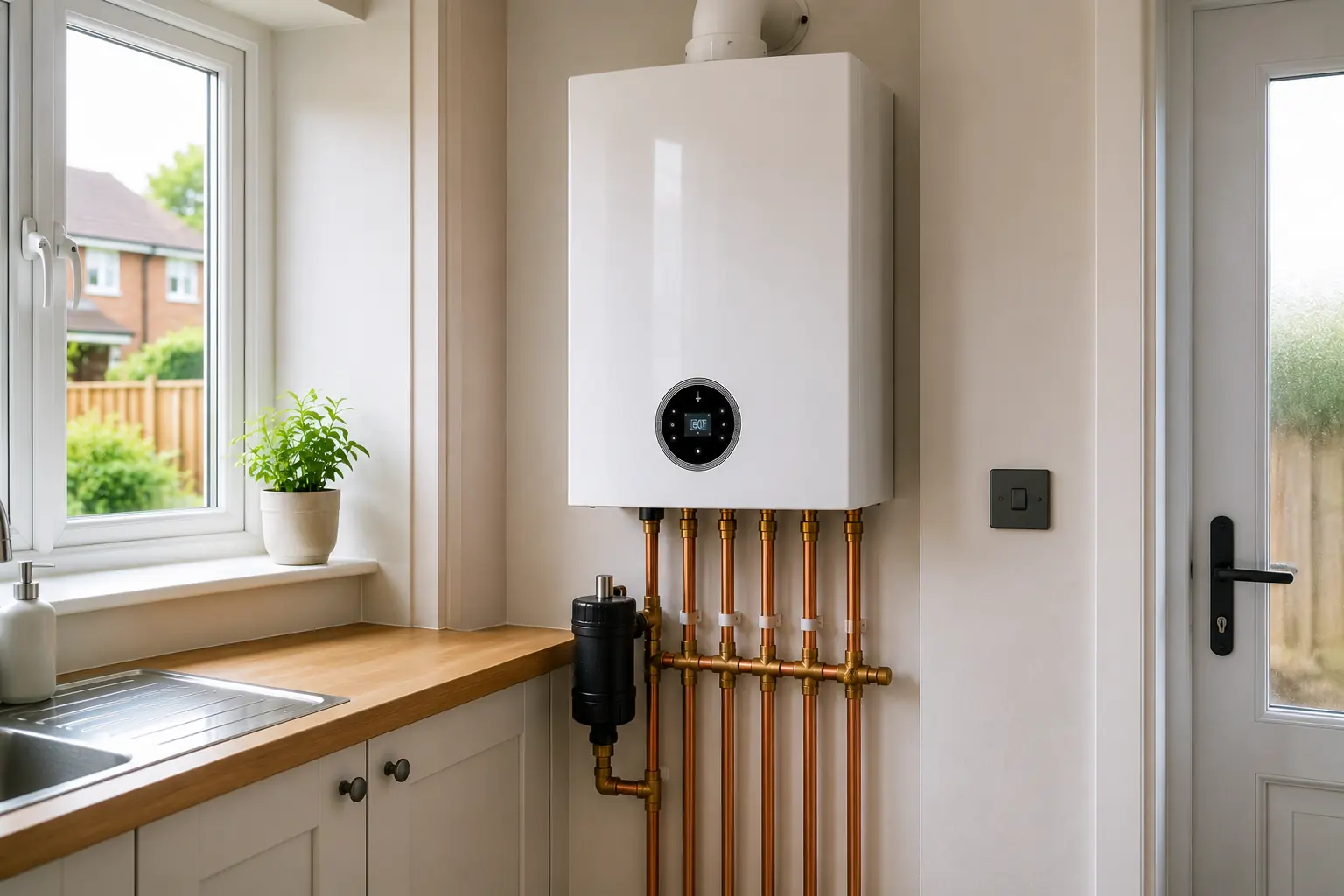 Wall-mounted boiler with copper pipework beside a kitchen sink