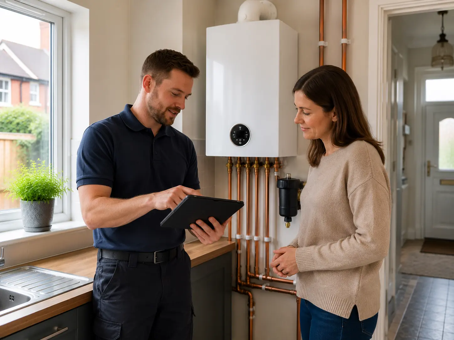 Gas engineer talking a customer through a boiler installation