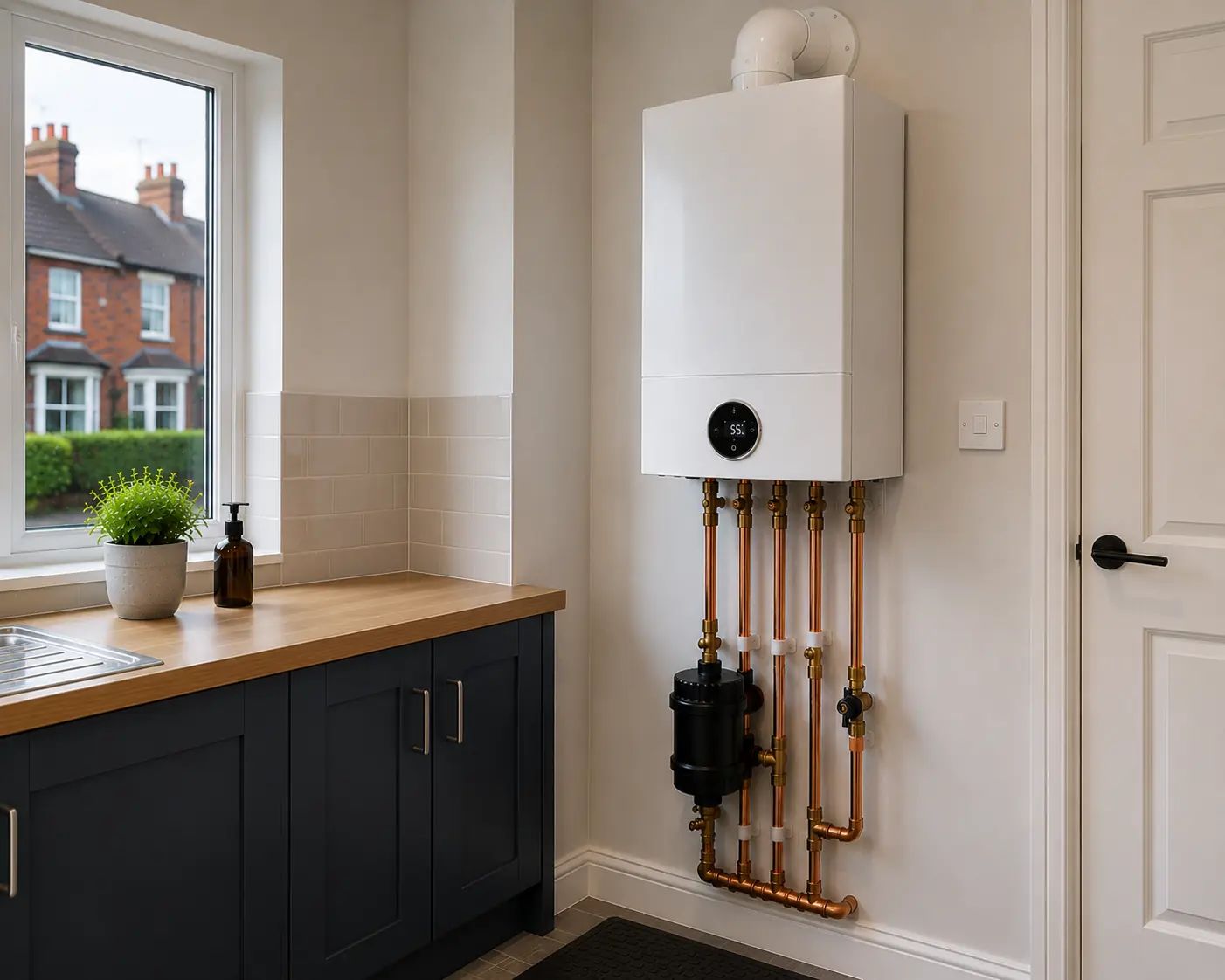Wall-mounted boiler with copper pipework in a fitted kitchen