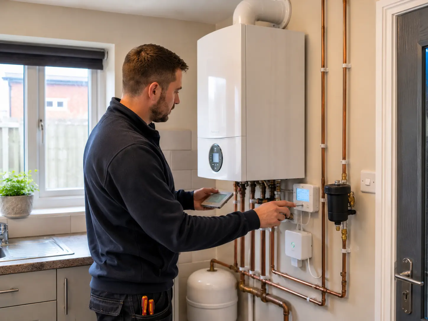 Gas engineer checking boiler controls in a kitchen
