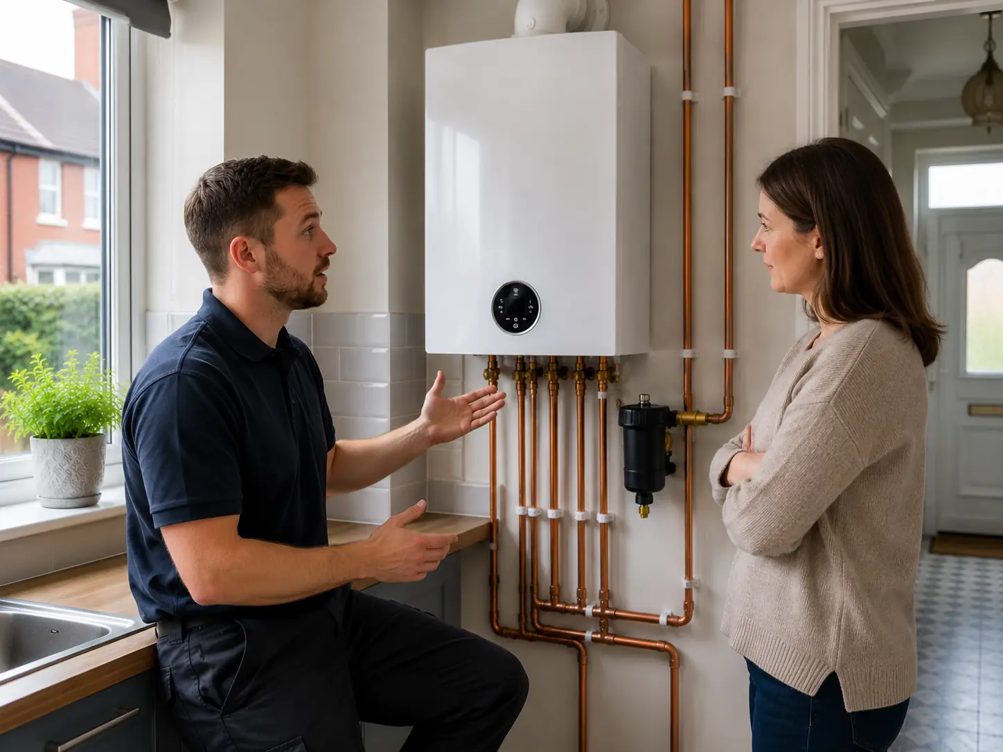 Gas engineer explaining boiler pipework to a customer