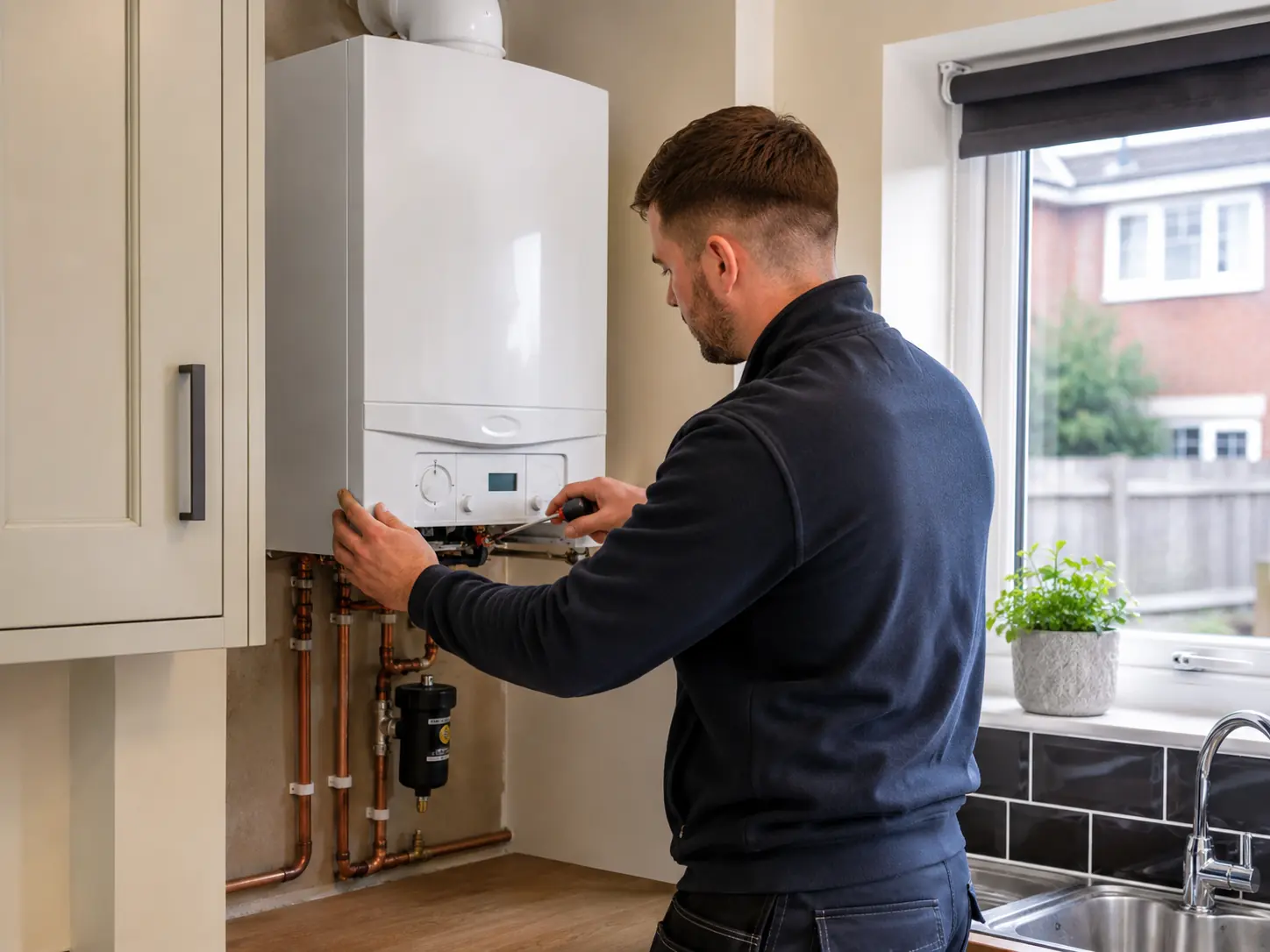 Gas engineer working on an open boiler in a kitchen