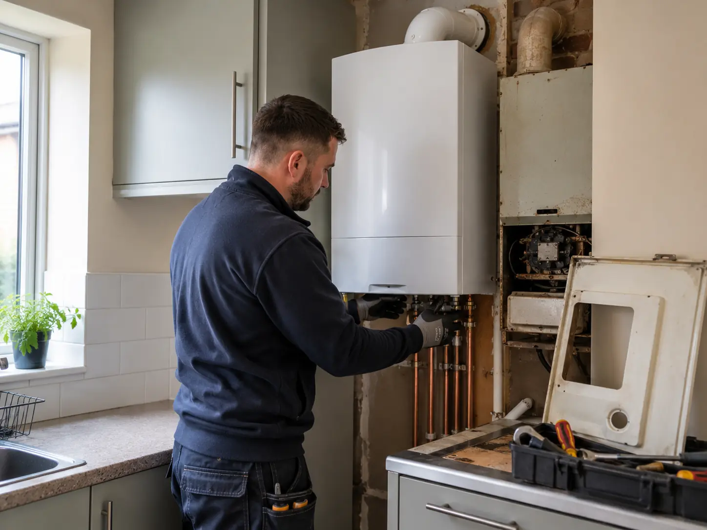 Gas engineer working on an open boiler beside a toolbox
